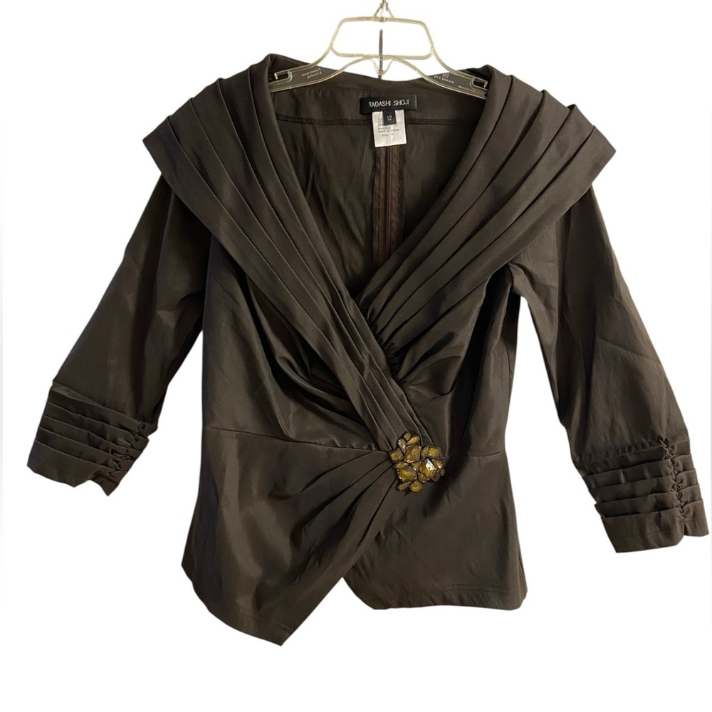 Tadashi Shoji Taffeta chocolate brown blouse formal vintage Sz 12